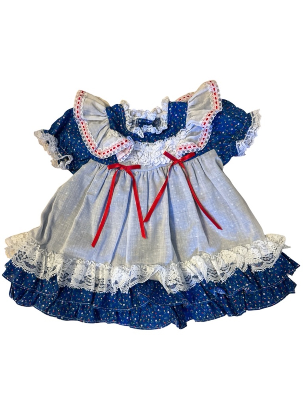 Vintage Blue White Floral Lace Kids Casual Dress with Red Bows